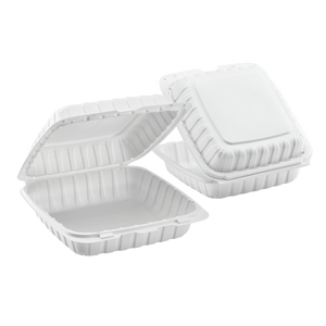 Wholesale 9" x 9" Mineral Filled PP Hinged Container, 1 compartment White - 120 ct