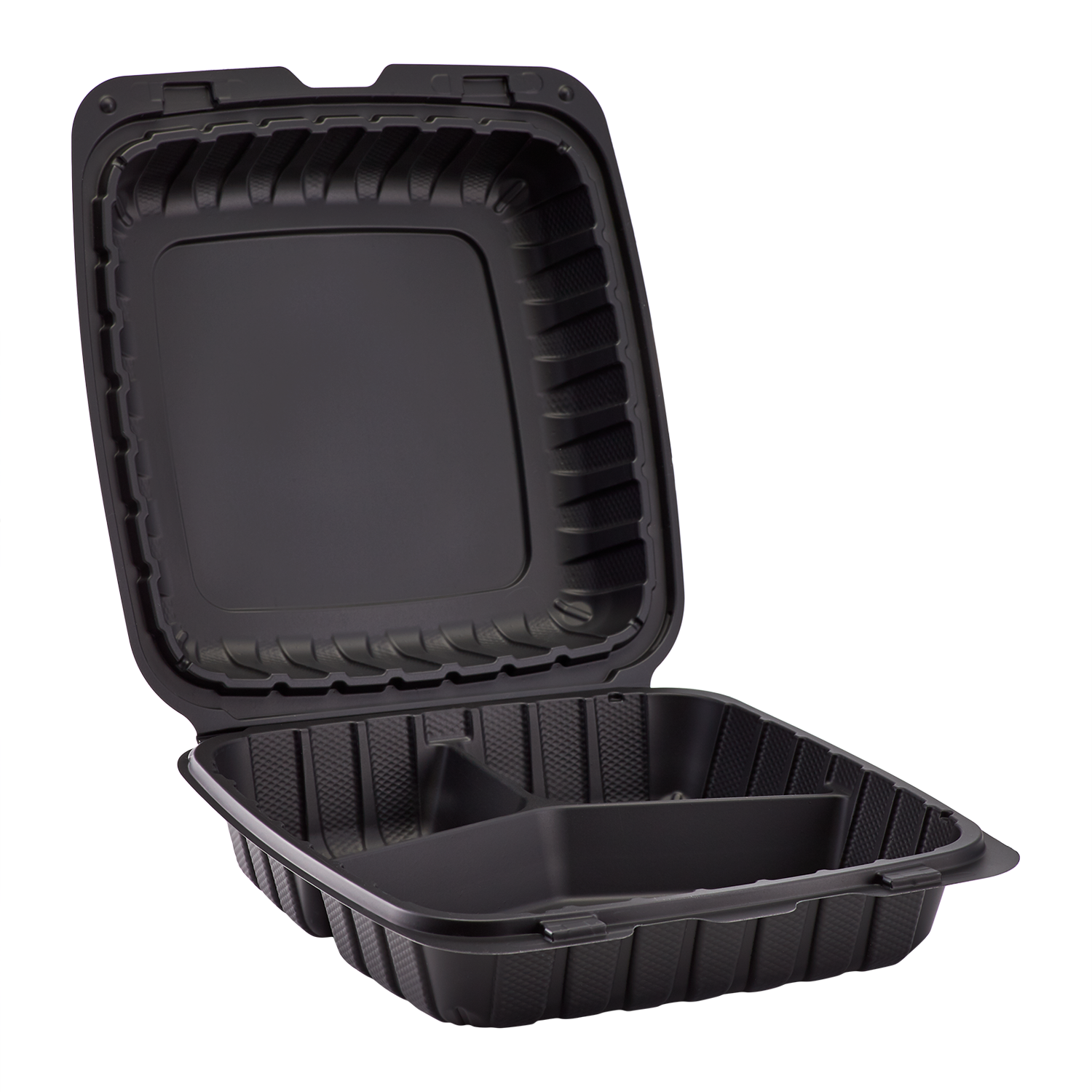 Wholesale 9" x 9" Mineral Filled PP Hinged Container, 3 compartment Black - 120 ct