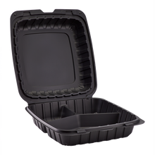 Load image into Gallery viewer, Wholesale 9&quot; x 9&quot; Mineral Filled PP Hinged Container, 3 compartment Black - 120 ct
