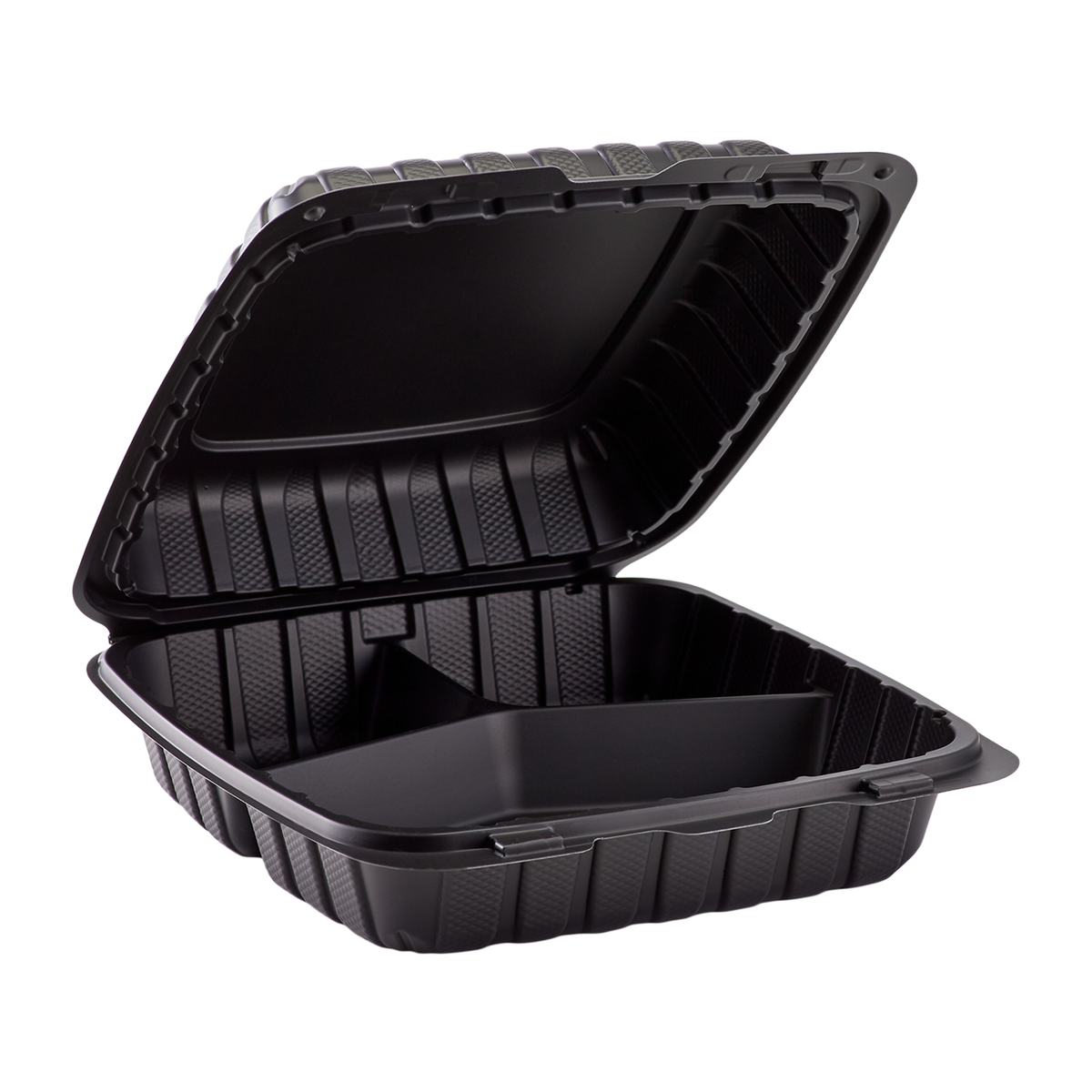 Wholesale 9" x 9" Mineral Filled PP Hinged Container, 3 compartment Black - 120 ct