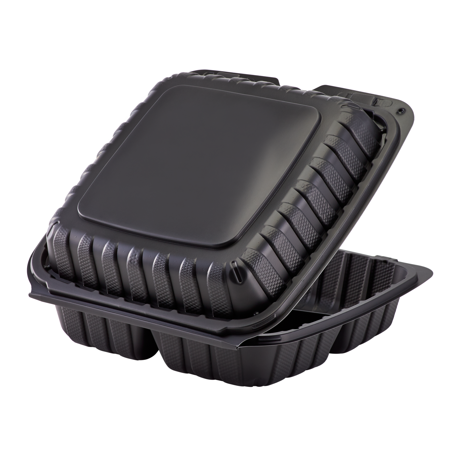 Wholesale 9" x 9" Mineral Filled PP Hinged Container, 3 compartment Black - 120 ct