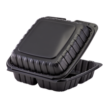 Load image into Gallery viewer, Wholesale 9&quot; x 9&quot; Mineral Filled PP Hinged Container, 3 compartment Black - 120 ct
