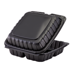 Wholesale 9" x 9" Mineral Filled PP Hinged Container, 3 compartment Black - 120 ct