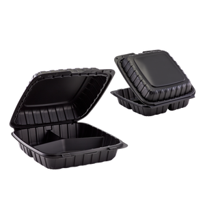 Wholesale 9" x 9" Mineral Filled PP Hinged Container, 3 compartment Black - 120 ct