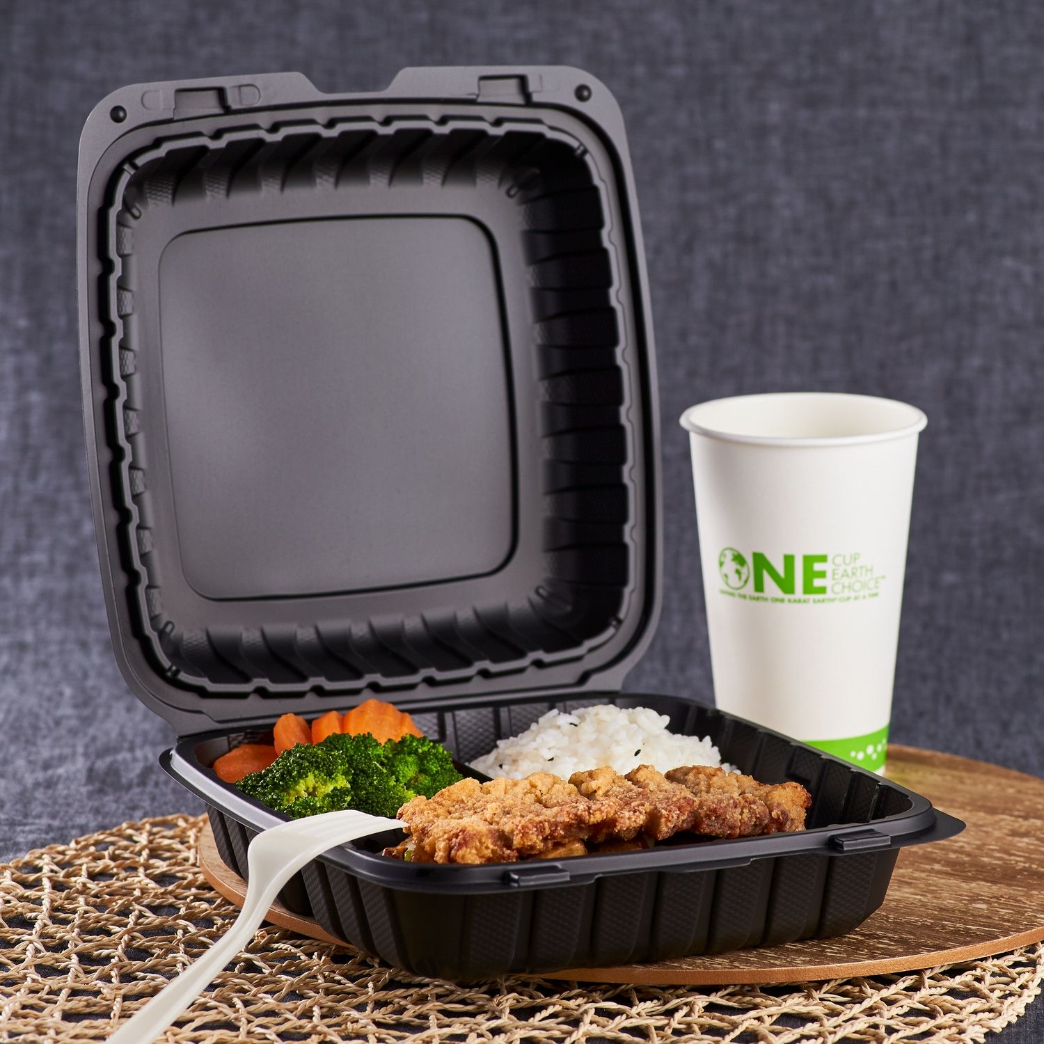 Wholesale 9" x 9" Mineral Filled PP Hinged Container, 3 compartment Black - 120 ct