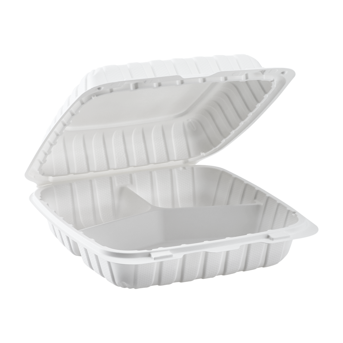 Wholesale 9" x 9" Mineral Filled PP Hinged Container, 3 compartment White - 120 ct