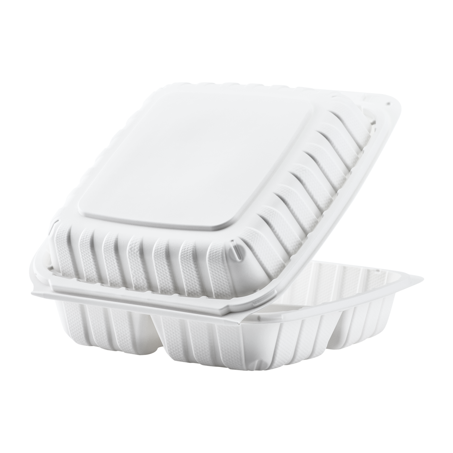 Wholesale 9" x 9" Mineral Filled PP Hinged Container, 3 compartment White - 120 ct