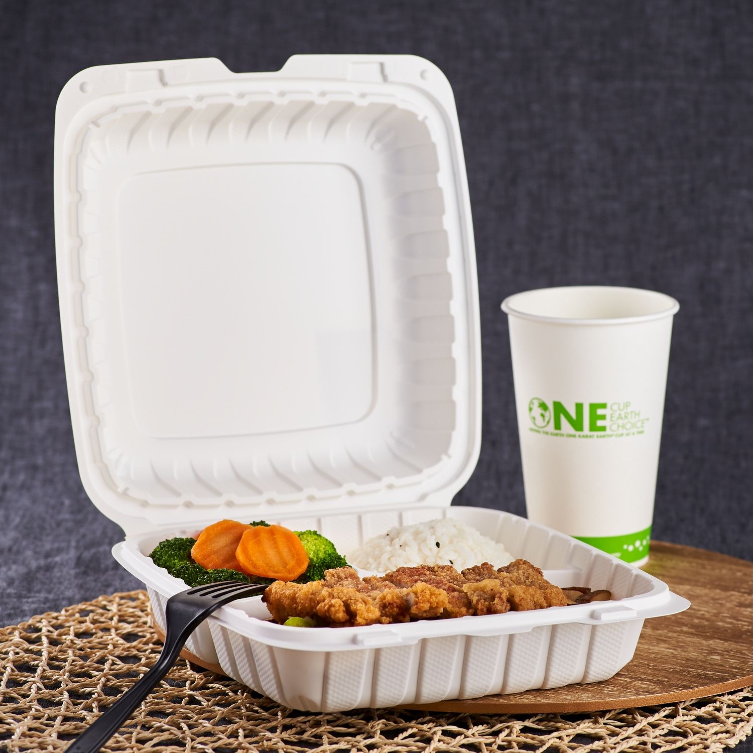 Wholesale 9" x 9" Mineral Filled PP Hinged Container, 3 compartment White - 120 ct