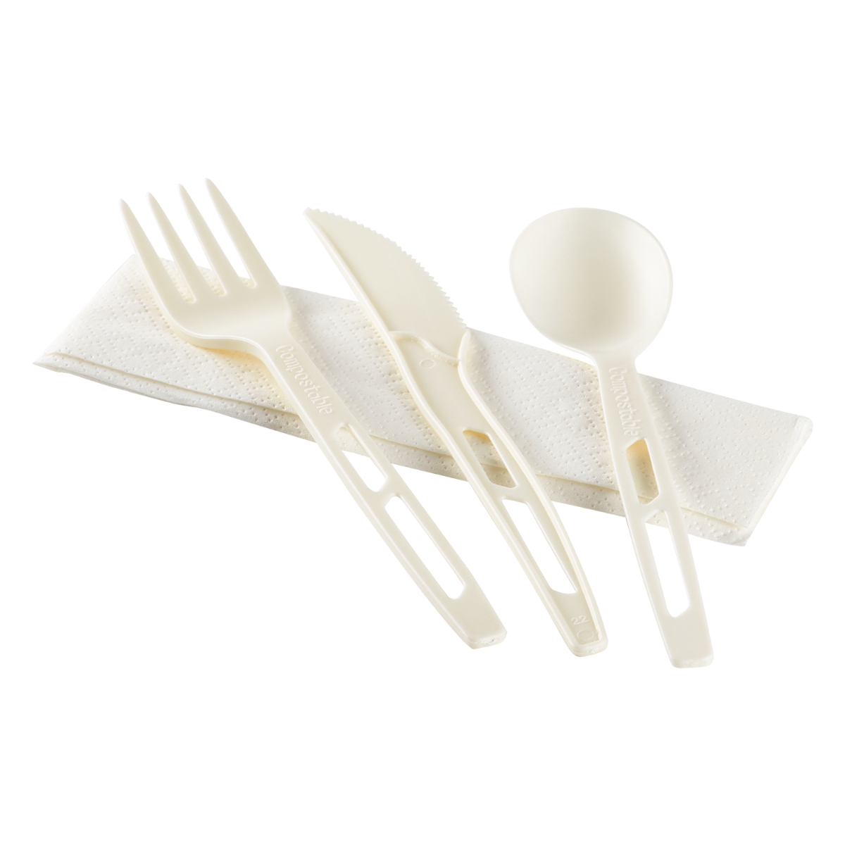 Wholesale CPLA Compostable Cutlery Kits Knife, Fork, Tea Spoon, 2-ply Napkin Heavy-Weight White - 250 sets