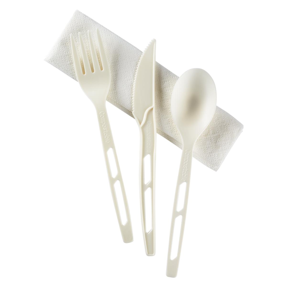 Wholesale CPLA Compostable Cutlery Kits Knife, Fork, Tea Spoon, 2-ply Napkin Heavy-Weight White - 250 sets