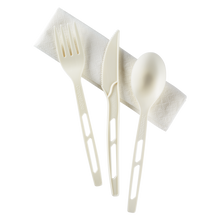 Load image into Gallery viewer, Wholesale CPLA Compostable Cutlery Kits Knife, Fork, Tea Spoon, 2-ply Napkin Heavy-Weight White - 250 sets
