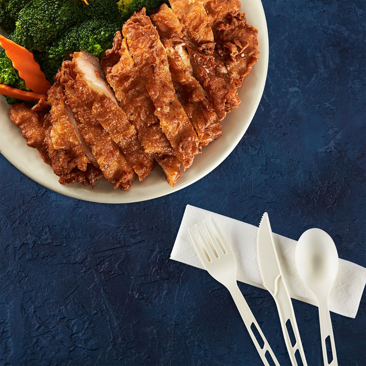 Wholesale CPLA Compostable Cutlery Kits Knife, Fork, Tea Spoon, 2-ply Napkin Heavy-Weight White - 250 sets