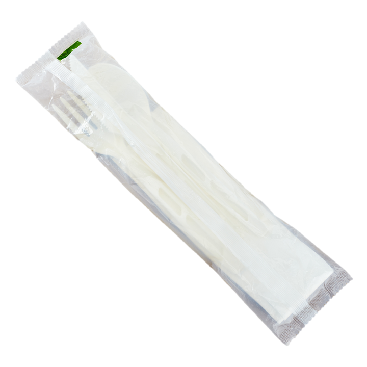 Wholesale CPLA Compostable Cutlery Kits Knife, Fork, Tea Spoon, 2-ply Napkin Heavy-Weight White - 250 sets