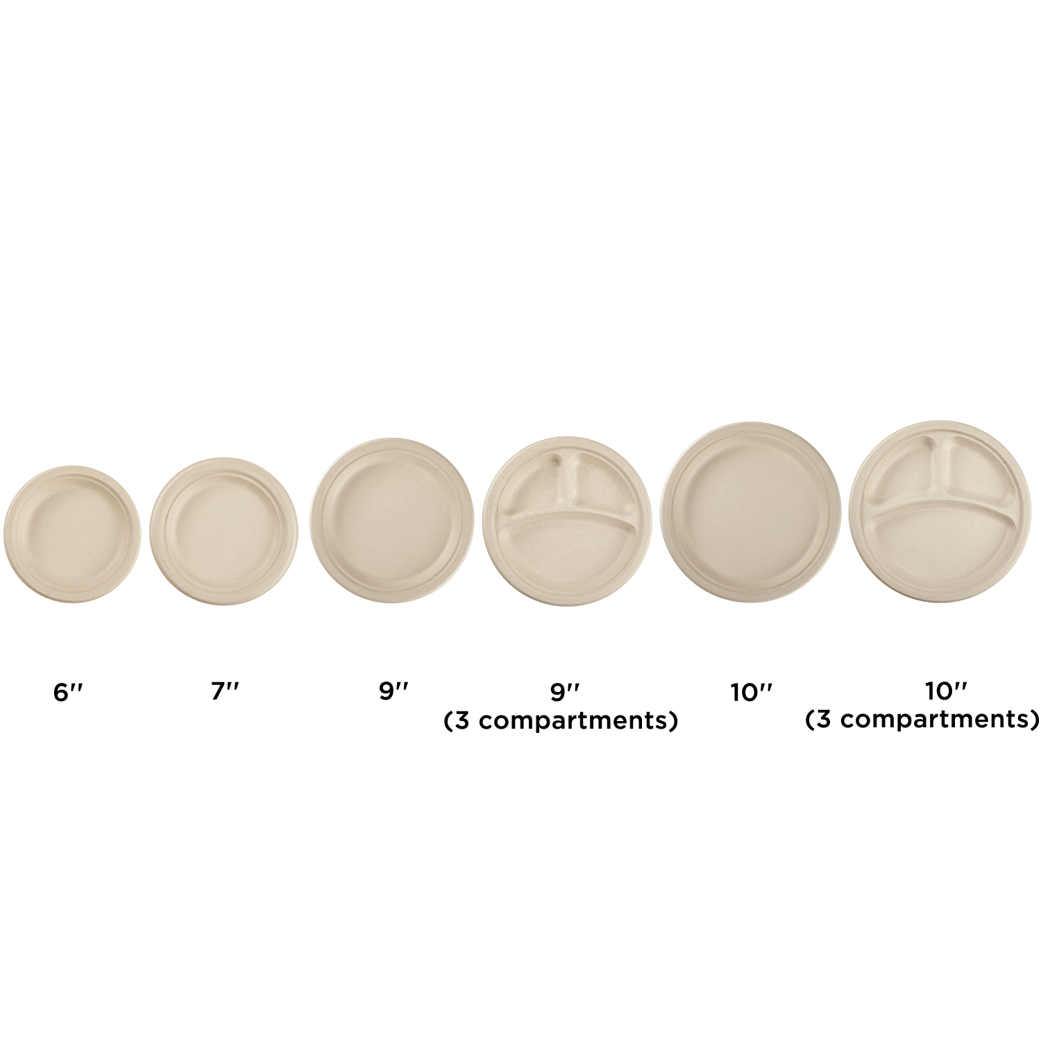 Wholesale 10'' Compostable Bagasse Round Plates, Natural - 3 Compartments - 500 ct