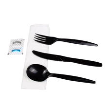 Load image into Gallery viewer, Wholesale PP Plastic Medium-Heavy Weight Cutlery Kits with Salt and Pepper Black - 250 ct

