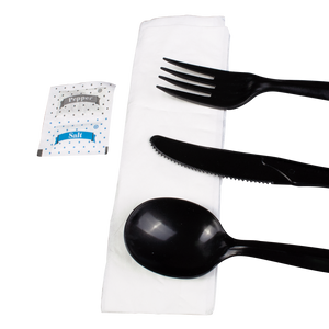 Wholesale PP Plastic Medium-Heavy Weight Cutlery Kits with Salt and Pepper Black - 250 ct