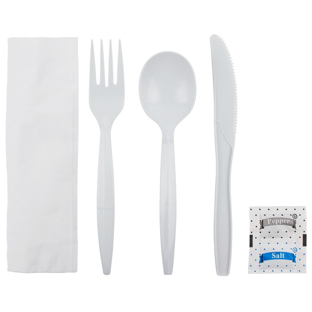 Wholesale PP Plastic Medium-Heavy Weight Cutlery Kits with Salt and Pepper White - 250 ct