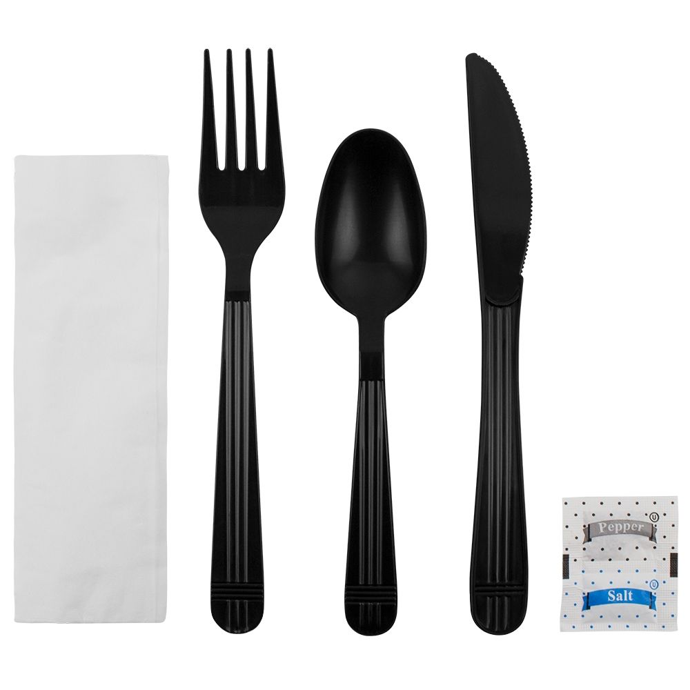 Wholesale PP Plastic Heavy Weight Cutlery Kits with Salt and Pepper Black - 250 ct