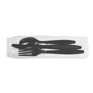 Wholesale PS Plastic Heavy Weight Cutlery Kits with Salt and Pepper Black - 250 ct