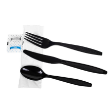 Load image into Gallery viewer, Wholesale PS Plastic Heavy Weight Cutlery Kits with Salt and Pepper Black - 250 ct

