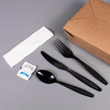 Load image into Gallery viewer, Wholesale PS Plastic Heavy Weight Cutlery Kits with Salt and Pepper Black - 250 ct
