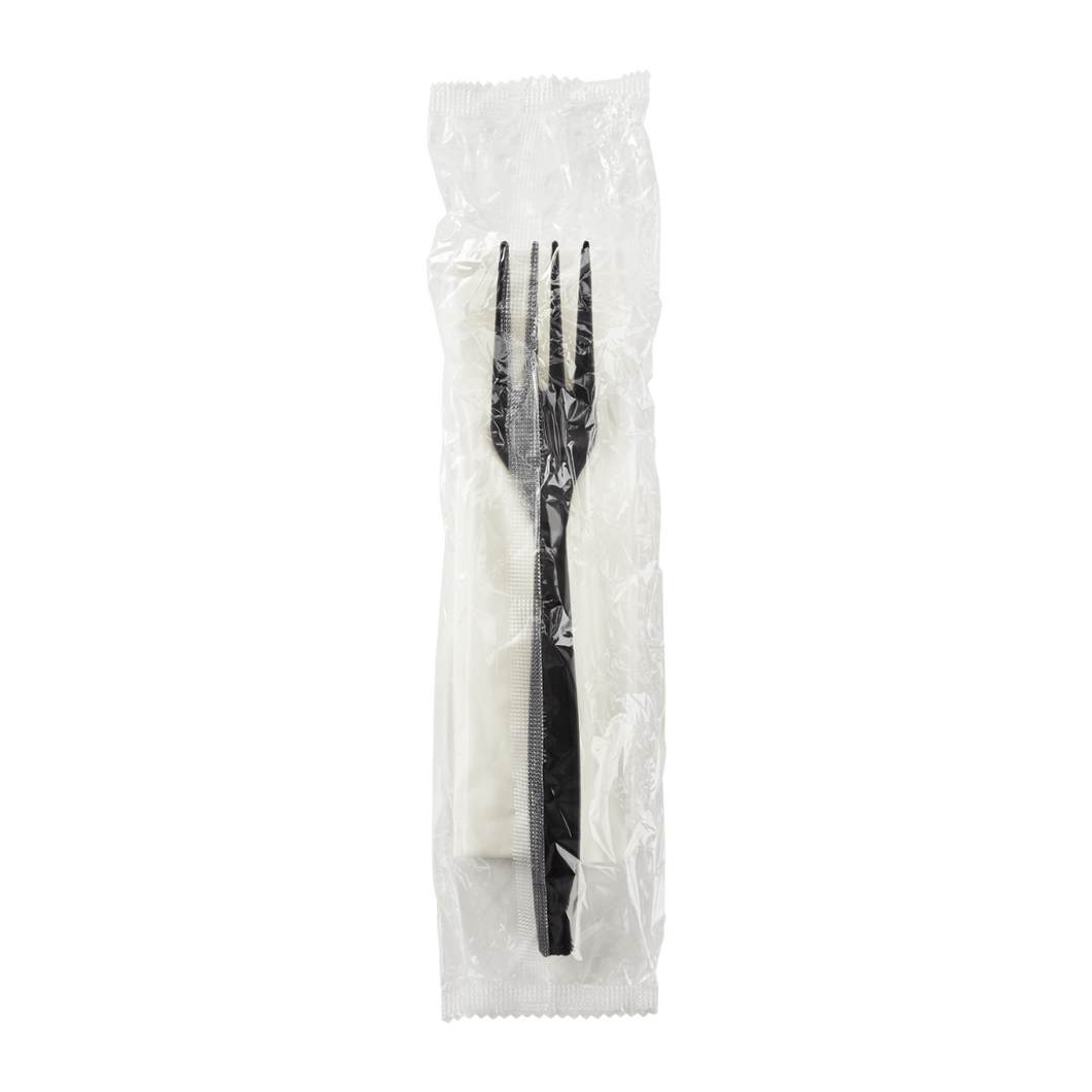 Wholesale PP Plastic Heavy Weight Cutlery Kits Fork, 1-ply Napkin Black - 500 ct