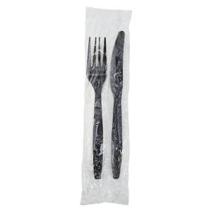Wholesale Heavy-Weight Cutlery Kits Knife, Fork, 1-ply Napkin Black - 500 ct