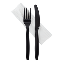 Load image into Gallery viewer, Wholesale Heavy-Weight Cutlery Kits Knife, Fork, 1-ply Napkin Black - 500 ct
