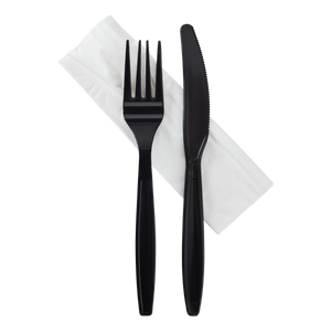 Wholesale Heavy-Weight Cutlery Kits Knife, Fork, 1-ply Napkin Black - 500 ct
