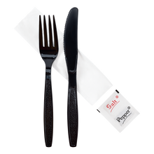 Load image into Gallery viewer, Wholesale PS Heavy-Weight Cutlery Kits Knife, Fork, 1-ply Napkin, Salt, Pepper - 250 ct
