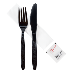 Wholesale PS Heavy-Weight Cutlery Kits Knife, Fork, 1-ply Napkin, Salt, Pepper - 250 ct