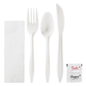Wholesale PP Plastic Medium Weight Cutlery Kits with Salt and Pepper White - 250 ct