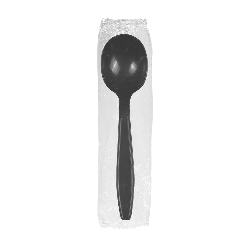 Wholesale PP Plastic Heavy Weight Soup Spoons Black - Wrapped - 1,000 ct